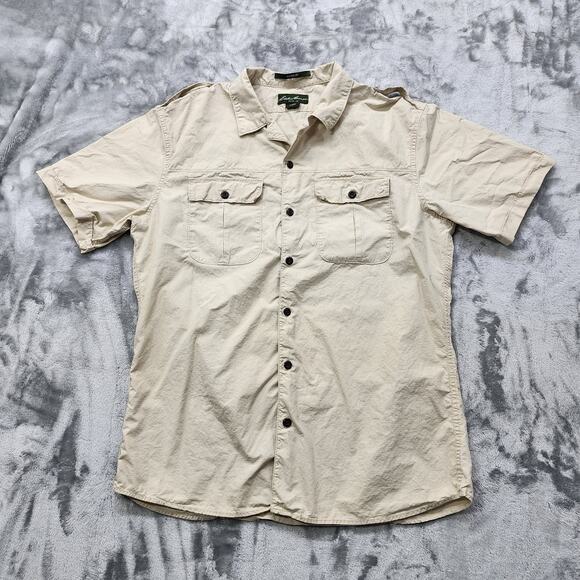 Eddie Bauer Shirt Mens L Beige Cotton Classic Fit Short Sleeve Button Down - Picture 1 of 9